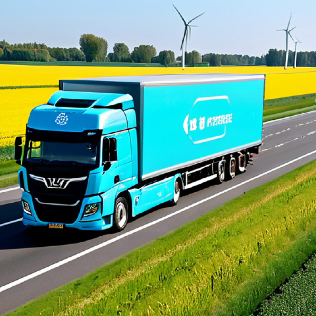 Autonomous Truck on a Dutch Highway**

"A modern, fully electric autonomous truck, fully loaded with goods, driving on a typical Dutch highway surrounded by green fields and windmills, appropriate attire, safe for work, perfect anatomy, natural proportions, daytime, clear sky, showcasing advanced sensor technology, professional, modest, family-friendly, well-formed wheels, proper light."

**