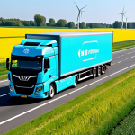 Autonomous Truck on a Dutch Highway**

"A modern, fully electric autonomous truck, fully loaded with goods, driving on a typical Dutch highway surrounded by green fields and windmills, appropriate attire, safe for work, perfect anatomy, natural proportions, daytime, clear sky, showcasing advanced sensor technology, professional, modest, family-friendly, well-formed wheels, proper light."

**
