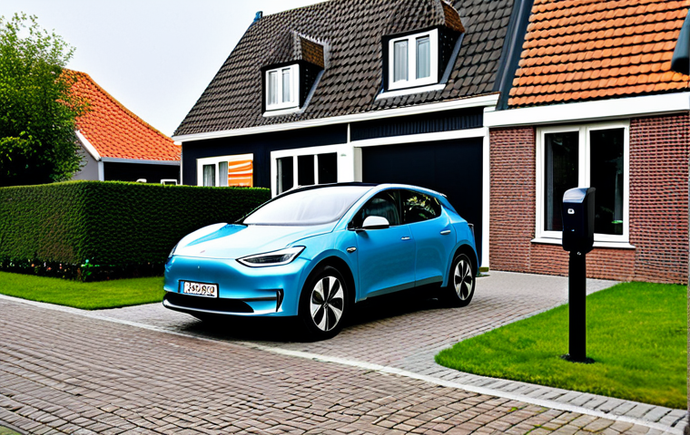 Electric Car Charging at Home**
"A modern electric car parked in front of a typical Dutch house, plugged into a home charging station, fully clothed, appropriate attire, safe for work, family-friendly, daytime, residential street, perfect anatomy, correct proportions, high resolution, professional photography, modest. The house has a traditional Dutch architecture."
**